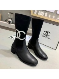 Best Chanel Calfskin and Knit Fabric CC Flat Fold Short Boots Black/White 2019 Collection AQ02569