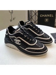 Best Chanel CC Logo Sequins & Leather Sneakers G35936 Black/White 2020 Collection AQ01581