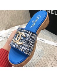 Best Chanel Heel Gold CC Logo Mules G36065 Blue 2020 AQ03130