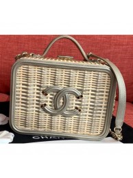 Best Replica Chanel Rattan/Patent Calfskin CC Filigree Vanity Case Medium Bag A93343 Etoupe 2019 AQ02912