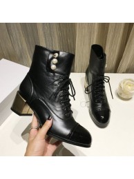 Chanel Calfskin Pearls Lace-up Short Boots Black 2019 Collection AQ00561