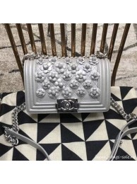 Chanel Camellia Small Boy Flap Bag A67085 Silver 2019 Collection AQ03878