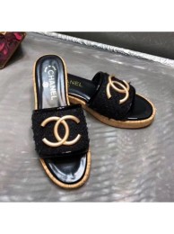 Chanel CC Metal Logo Tweed Flat Slide Sandals Black 2020 Collection AQ04319