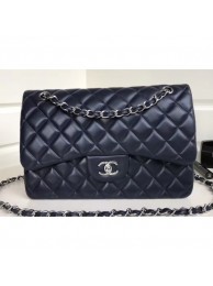 Chanel Classic Flap Jumbo/Large Bag A1113 Navy Blue in Sheepskin Leather with Silver Hardware AQ03722