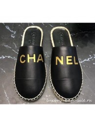 Chanel Gold Logo Espadrilles Mules Black 2019 AQ00593