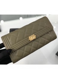 Chanel Grained Calfskin Boy Long Flap Wallet A80286 Olive Green/Gold AQ02977