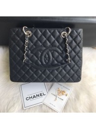 Chanel Grained Calfskin Grand Shopping Tote GST Bag Black/Silver Collection AQ04014