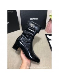 Chanel Heel 4.5cm Boots Patent Crinkled Black 2020 AQ00874
