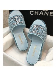 Chanel Heel CC Logo Tweed Mules Pale Green 2020 AQ01041