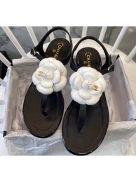 Chanel Lambskin Classic Camellia Thong Sandals Black/White 2020 Collection AQ01862