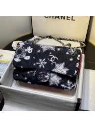 Chanel Quilted Fabric Snowflake Print Medium Flap Bag Black 2020 Collection AQ01023