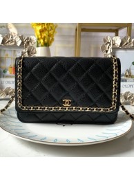 Chanel Quilted Grained Leather Chain Trim Wallet on Chain WOC Black 2019 Collection AQ04000