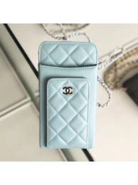 Chanel Quilted Lambskin Vertical Phone Holder/Classic Clutch with Chain AP0990 Blue 2019 Collection AQ04282