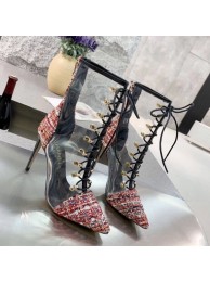 Chanel Tweed Transparent Lace-up High-Heel Short Boots Red 2019 Collection AQ04247