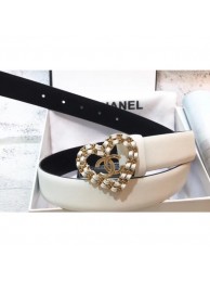 Chanel Width 3cm Chain Heart CC Logo Buckle Leather Belt White AQ02706