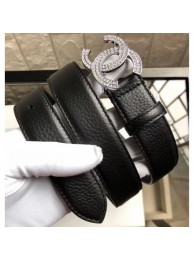 Chanel Width 3cm Crystal CC Logo Buckle Leather Belt Grained Black/Silver AQ02919