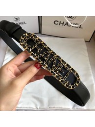 Chanel Width 3cm Leather Belt with Chain Long Buckle Black 2020 Collection AQ04088