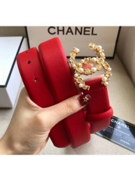 Chanel Width 3cm Smooth Leather Belt with Pearl & Metal Buckle Red 2020 Collection AQ01377