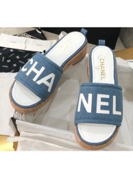 Cheap Chanel Heel Logo Mules Denim Blue 2020 AQ02508