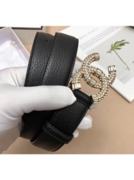 Cheap Copy Chanel Width 3cm Grainy Calfskin Belt With Crystal CC Buckle Black/Gold 2020 Collection AQ04329