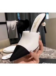 Cheap Knockoff Chanel Pearl Heel 8.5cm Mules G32100 White 2019 AQ03581