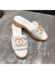 Copy Chanel CC Metal Logo Tweed Flat Slide Sandals White 2020 Collection AQ01246