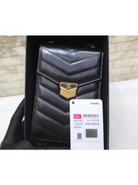 Copy Chanel Chevron Vintage Logo Calfskin Clutch with Chain Phone Bag A81226 Black 2018 AQ01732