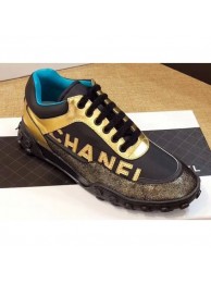 Copy Chanel Logo Metallic Lambskin and Fabric Sneakers G34086 Gold/Black/Bronze 2019 AQ01259