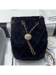 Copy Chanel Quilted Velvet Drawstring Bucket Bag with Crystal Ball Charm AS1894 Black 2020 Collection AQ01069