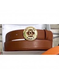 Copy Chanel Width 3cm CC Logo Round Buckle Leather Belt Brown AQ02689