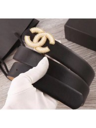 Copy Chanel Width 3cm Smooth Leather Belt with Small Pearls CC Buckle Black 2020 Collection AQ03882