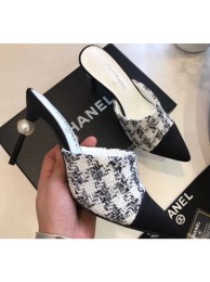 Copy Hot Chanel Pearl Heel 8.5cm Mules G32100 Tweed White 2019 AQ03621