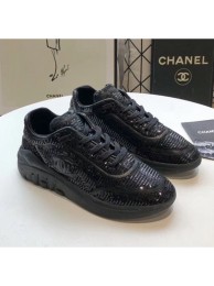 Designer Chanel CC Logo Sequins & Leather Sneakers G35936 Black 2020 Collection AQ03736