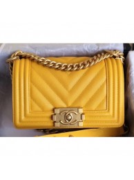 Designer Copy Chanel Caviar Leather Chevron Boy Flap Small Bag Yellow/Gold AQ01017