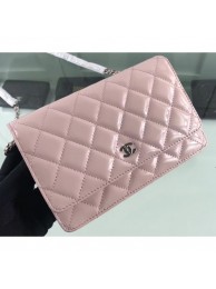 Designer Imitation Chanel Wallet On Chain WOC Bag in Patent Leather Nude Pink/Silver AQ00680