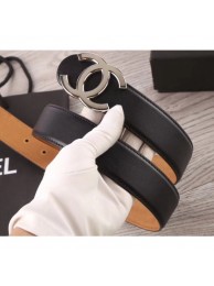 Fake Best Chanel Width 3.5cm Leather Belt Black/Khaki with Silver CC Logo AQ03012