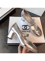 Fake Chanel Calfskin Mid-Heel Mary Janes Ballerinas Pump Silver 2019 Collection AQ03810