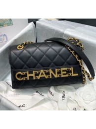 Fake Chanel Calfskin Small Flap Bag With Logo Chain AS1490 Black 2020 Collection AQ03369