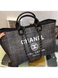 Fake Chanel Deauville Canvas Tote Medium Shopping Bag Dark Gray/Black AQ02149
