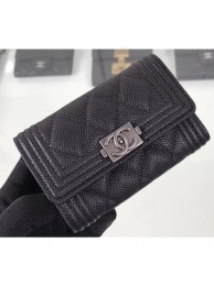 Fake Chanel Grained Calfskin Boy Flap Card Holder A80603 Black/Silver AQ04287