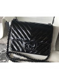 Fake Chanel Patent Metallic Crumpled Calfskin Chevron Classic Flap Mini Bag Black 2018 AQ02854