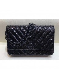 Fake Chanel Patent Metallic Crumpled Calfskin Wallet On Chain WOC Bag Chevron Black 2018 AQ02289