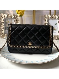 Fake Chanel Quilted Lambskin Chain Trim Wallet on Chain WOC Black 2019 Collection AQ01404