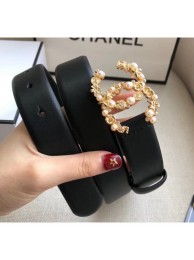 Fake Chanel Width 3cm Smooth Leather Belt with Pearl & Metal Buckle Black 2020 Collection AQ00653