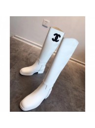 Fake Replica Chanel Classic Leather CC Flat High Boots White Collection AQ03785