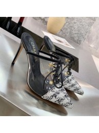 Fake Replica Chanel Tweed Transparent Lace-up High-Heel Mules White 2019 Collection AQ01192