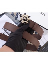 Fashion Chanel Width 3cm Crystal and Pearl Flower Buckle Leather Belt Coffee AQ02872