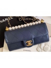 Hot Fake Chanel Logo Chain Pearl Clutch with Chain Bag AP1001 Navy Blue 2020 AQ04138