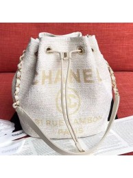 Imitation AAAAA Chanel Fabric Logo Print Small Drawstring Bucket Bag White/Gold 2019 Collection AQ03103