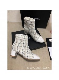 Imitation Best Chanel CC Logo Ankle Boots Tweed White 2020 AQ01053